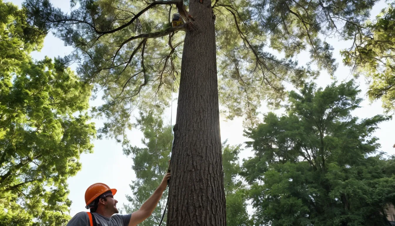 A provider checking a leaning tree in a backyard in the Manteno area