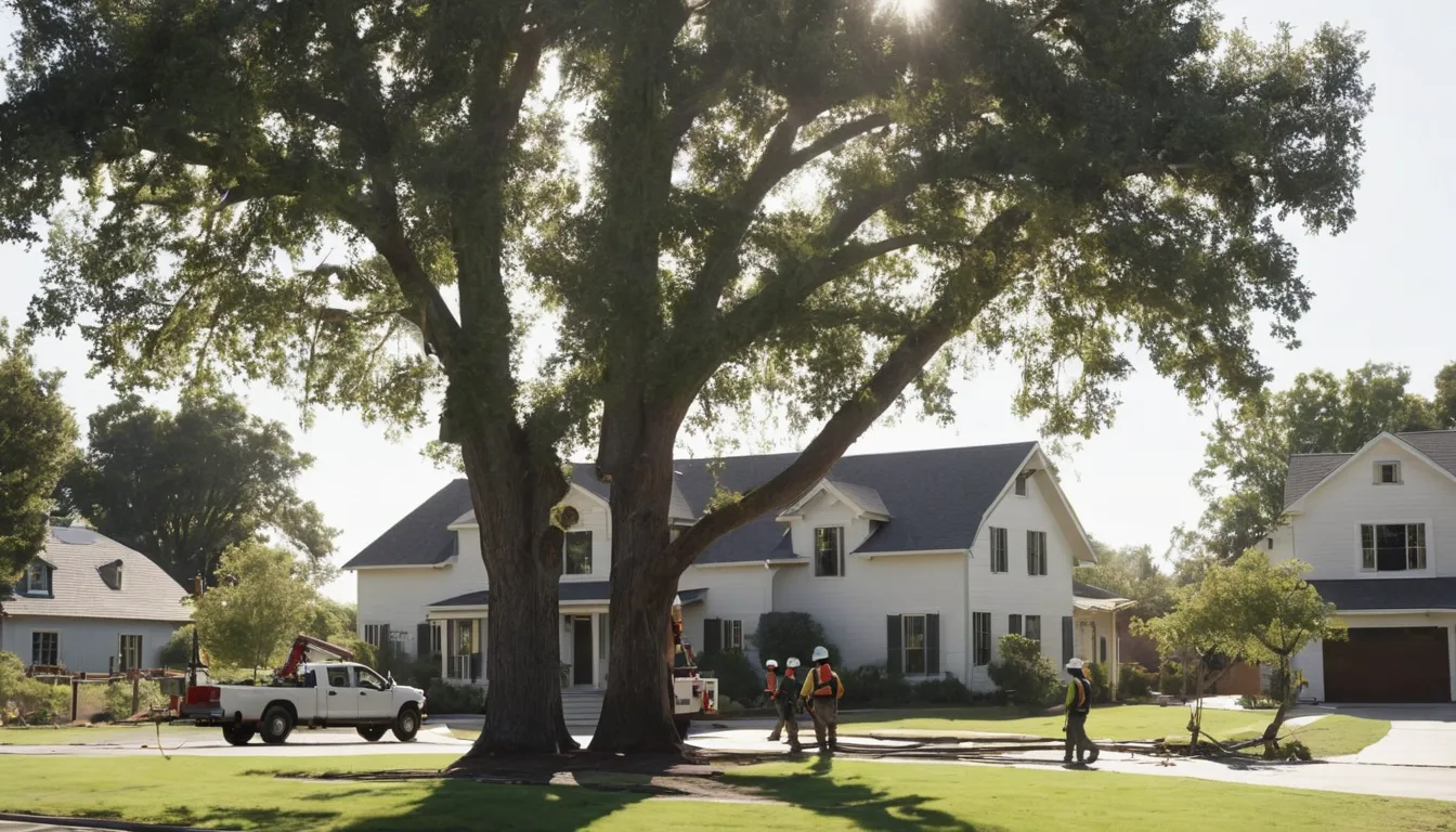 A tree service crew safely taking down a large tree beside a house near Manteno